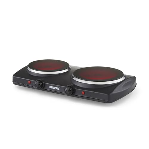Geepas Double Ceramic Hot Plate – Portable Infrared Electric Hob Cooker - Double Burner Camping Hob Cooktop, Dual Adjustable Temperature, Overheat - Great to use at Campsites Caravan - 2000W, Black