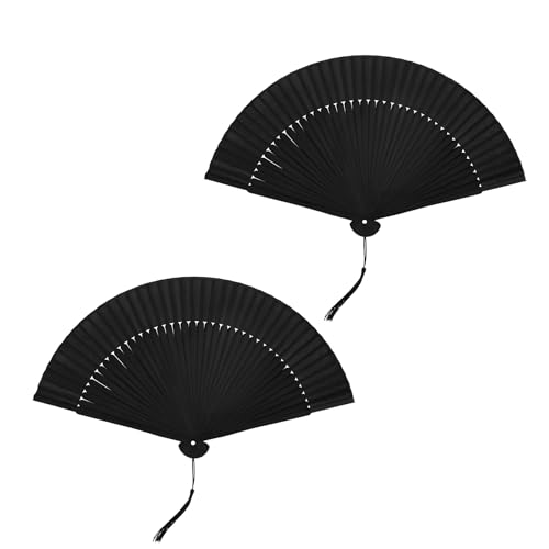 iCovalescent 2 Pezzi Ventaglio a Mano Pieghevole, Nero Mano Pieghevole Ventilatore, Ventilatore in Stoffa Orientale per Ballo, Festa, Regali di Nozze per Decorazione