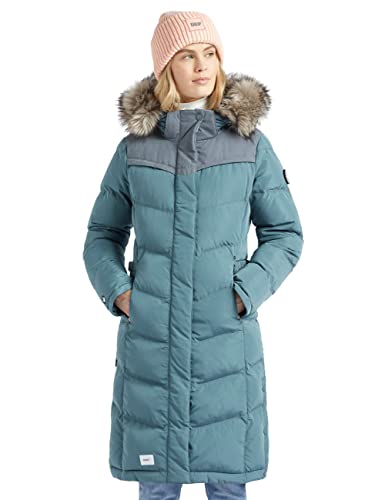 khujo Lubeck LONG5 - Abrigo de mujer largo hasta la rodilla, acolchado cálido, capucha de piel sintética, cremallera de dos vías, azul/gris, XXL