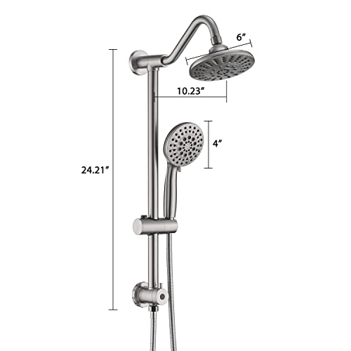 Uclimaa Rain Shower Head With Handheld, 5 Settings Rain Showerhead+6 Setting Handheld Shower Spray With 5Ft Stainless Steel Hose, 24" Drill-Free Slider Bar With Low 3-Way Diverter - Brushed Nickel #TOP6