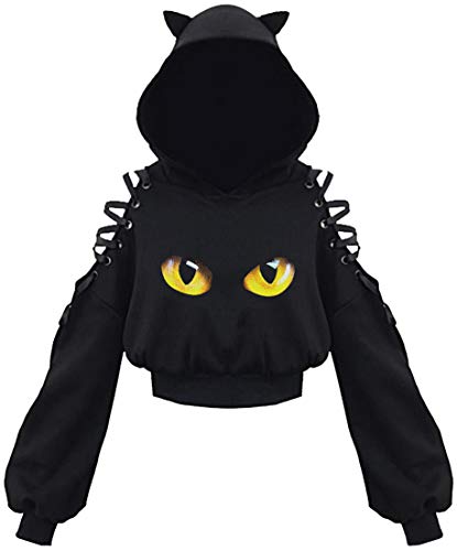 EUDOLAH Sudadera Corta Ligera Chica Mujer con Capucha Orejas De Gato y Hombros Abiertos y Cintas(XL,Ojos de Gato)