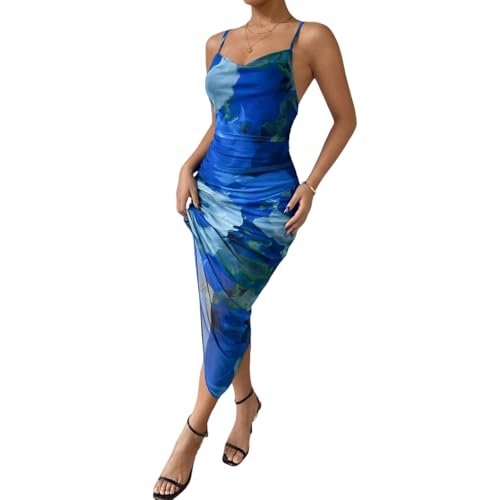 Image of LIGHT DOT Women's Spaghetti Strap Printed Bodycon Ruched Midi Cocktail Dress Sexy Cowl Neck Tie Dye