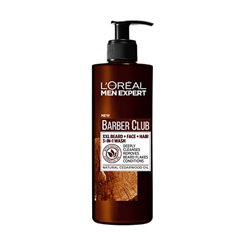 L Oréal Men Expert Champú para barba para hombres en paquete XXL para barba, cara y cabello, calmante y nutritivo gracias al aceite de cedro, Barber Club 3 en 1, 1 x 400 ml