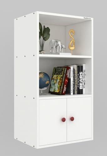 Image of Madhuran Rico Engineered Wood Free Standing Almirah 2 Door Bookcase Organizer (21x11x40 Inches White) Home Bedroom Living Room Office Cabinets Wardrobe Kitchen Clothes Storage