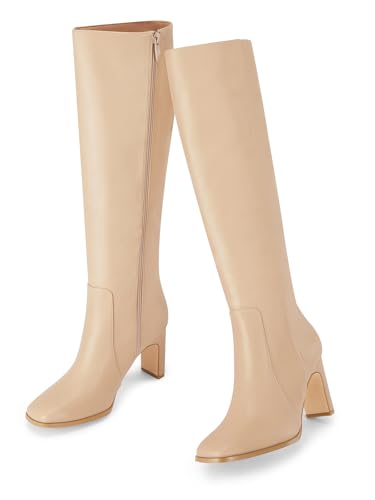 Coutgo Womens Square Toe Knee High Boots Leather Chunky Heel Fashion Dressy Winter Shoes with Side Zipper4