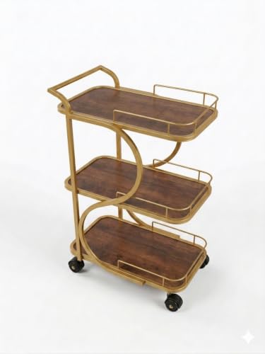 Image of Serving Trolley with Wheels for Home, Tea Food Drinks Serving Kitchen Trolley Restaurant, Hotels,Dining Room bar cart with Wheels (Gold-Brown)