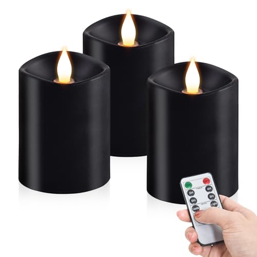 Image of 3x4 Flickering Flameless Candles Set of 3,Real Wax Pillar led Candles Flickering,with Timer,4 inch Flameless Candles with Remote,for Holiday Home Decor Party,Black