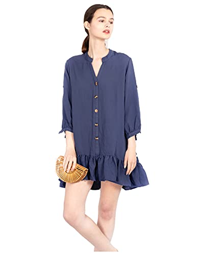 Robe chemise oversize en lin CY Jaune moutarde et noir à manches longues