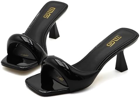 Women's Leather One Band Square Open Toe Stiletto Slide Sandals Fashion Slip-On Sexy Kitten Heel Mule Sandals Wedding Party Evening Prom Dance Backless Dress Slipper Pump Shoes