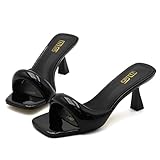 RYNKOMA Women's Leather One Band Square Open Toe Stiletto Slide Sandals Fashion Slip-On Sexy Kitten Heel Mule Sandals Wedding Party Evening Prom Dance Backless Dress Slipper Pump Shoes (Black,9)