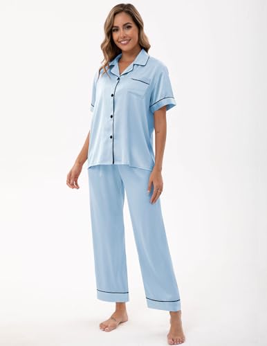 Image of UMBY Silk Satin Pajamas for Women Set 2 Piece button down Soft Silk Pjs Sets Cozy Silky Pajama Short Sleeve