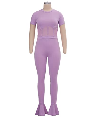 Salimdy Women's 2 Piece Workout Outfit Sports Suit Mesh Stitching Crop Top And Bell Bottom Tracksuit Yoga Set Purple M #TOP5