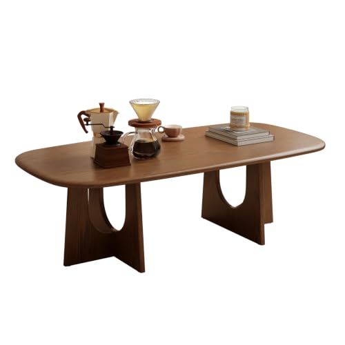 Image of Solid Wood Coffee Table, Mid-Century Modern Center Table for Living Room, FAS Grade Rubberwood with Unique U-Shaped Legs, Family-Friendly Rounded Corners,Deep Walnut, 47 inchs