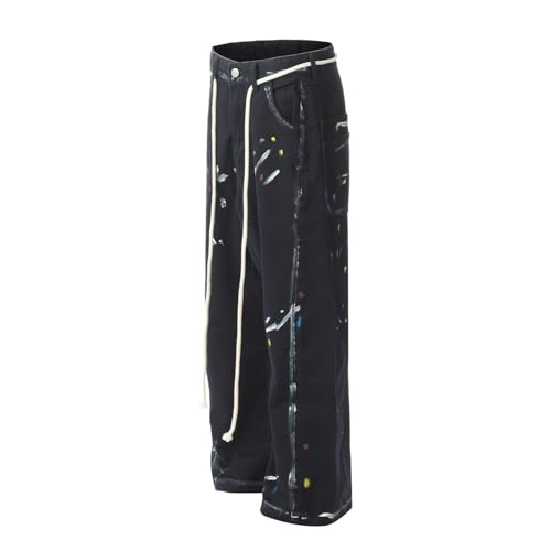Jeans Pants Trousers Denim Retro Trendy Street Spray Paint Dot Painting Personalized Casual Black Straight Leg for Men3
