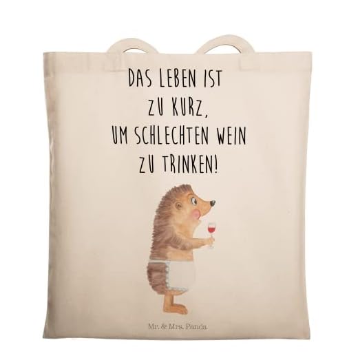 Mr. & Mrs. Panda Stofftasche, Baumwolltasche, Tragetasche Igel mit Wein mit Spruch - Farbe Transparent