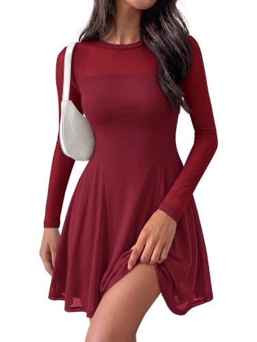 BTFBM Women’s Mini Dress Sheer Mesh Long Sleeve Flowy A Line Casual Cocktail Party Going Out Dresses 2026 Fall Fashion(Burgundy, XX-Large)