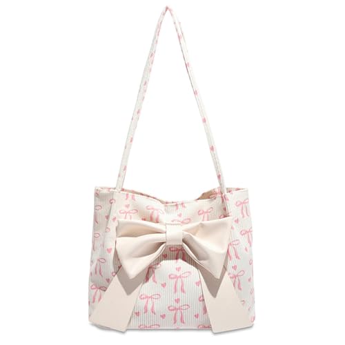 Bow Purse Corduroy Bow Tote Bag Cute Shoulder Bag with Bowknot Heart Printed Handbag Trendy Gift for Women