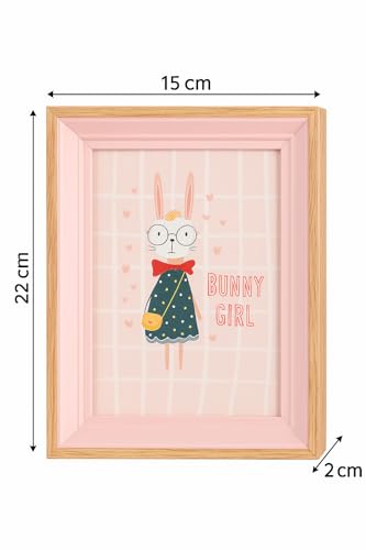 Image of Decorative Wooden Photo Frame 4x6, Pink & Natural Frame for Kids Room, Cute Bunny Illustration Picture Frame, 20cm x 15cm, Tabletop & Wall Display