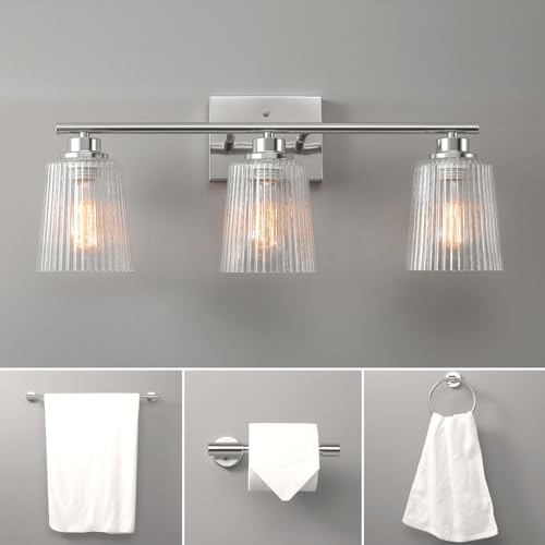 Image of Globe Electric 4-Piece All-in-One Bathroom Set, Chrome Finish, 3-Light Vanity Light with Clear Ribbed Glass Shades, Towel Bar, Toilet Paper Holder, Towel Ring