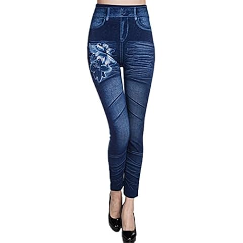 Gellmall Women Jeans Look Leggings High Waist Jeggings Flower Print Treggings Long Elastic Jeans Skinny Pants Tights M Cover