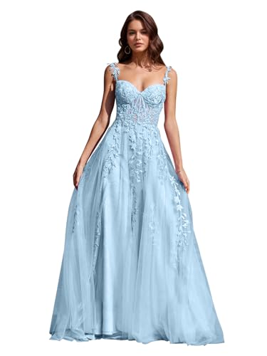 Image of Long Tulle Prom Dresses 2025 V Neck Floral Long Ball Gowns for Women Lace Applique Formal Evening Gowns ACE159