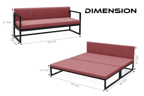 Image of Metal Sofa Bed for Living Room | Modern Industrial Design Metal Frame Three Seater Sofa Bed for Home, Office & Lounge-Rose Pink