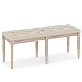 GOFLAME 47.5” Upholstered Bedroom Bench, French Tufted End of Bed Bench with Antiqued Legs, Rubber Wood Frame, Farmhouse Entryway Bench with Cushion, Dining Bench for Bedroom, Living Room, Hallway