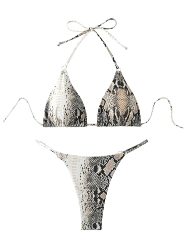 WDIRARA Women's Snakeskin Print Halter Bikini Set Triangle Thong Swimsuit Two Piece Bathing Suit