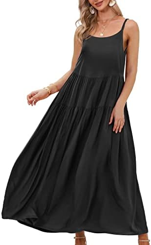 YESNO Summer Dresses for Women Casual Loose Bohemian Floral Dress with Pockets Spaghetti Strap Maxi Dress for Beach Vacation L E75 Black