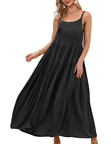 Yesno Summer Dresses For Women Casual Loose Bohemian Floral Dress With Pockets Spaghetti Strap Maxi Dress For Beach Vacation L E75 Black #TOP22