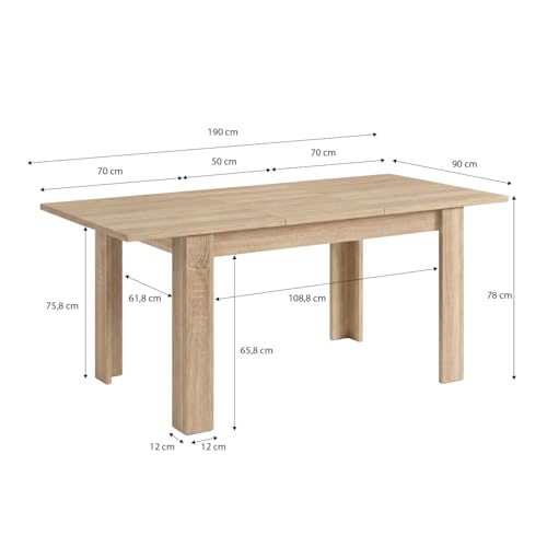 Miniatura 3 de Duehome Mesa De Comedor Extensible, Mesa Rectangular, Modelo Danna, Acabado En Roble Canadian, Medidas: 140-190 Cm Largo X 90 Cm Ancho X 78 Cm Alto