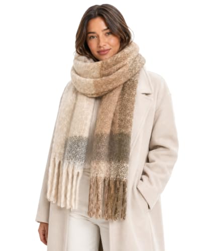 Image of ASVP Shop Women’s Oversized Fluffy Check Scarf, Soft Touch Chunky Wrap Around Winter Scarf with Tassel Fringe, 223 x 33 cm, 100% Recycled Polyester, Choice of 4 Check Colours