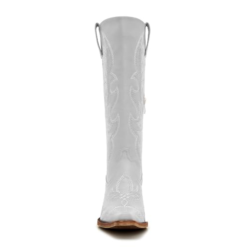 Image of Uillnoodu Women's Turquoise Cowgirl Boots - Wide Calf Mid Calf Western Boots Plus Size Embroidered Cowboy Style with Block Heel