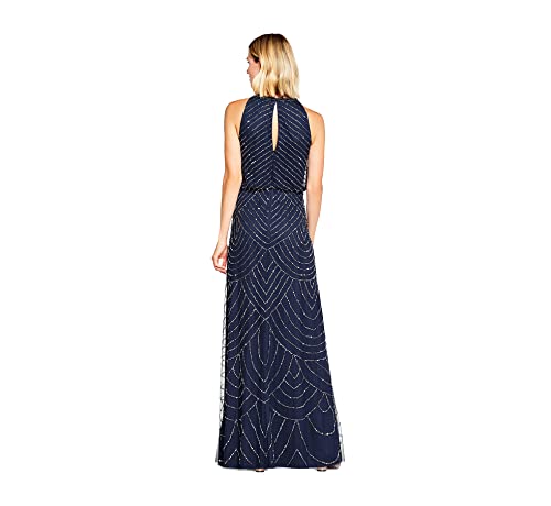 Adrianna Papell Women's Halter Art Deco Beaded Blouson Dress, navy, 8