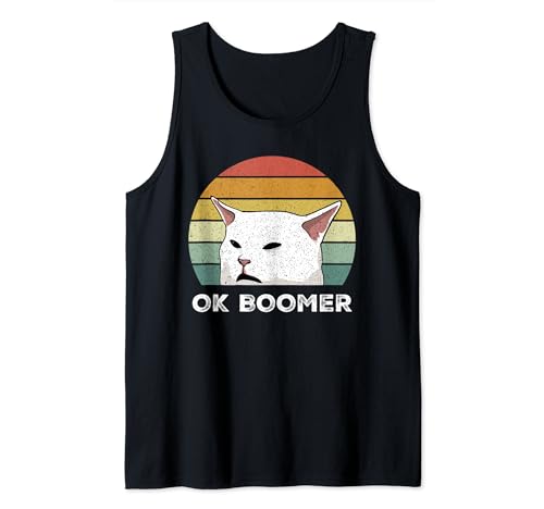 Retro Donna Urlando A Tavola Cena Divertente Gatto Ok Boomer Canotta