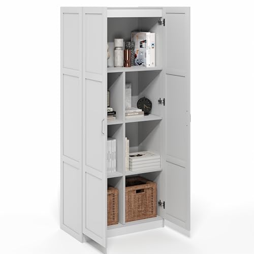 Image of Furinno Robin 4-Tier White Storage Cabinet, 30-Inch Pantry Cabinet with Adjustable Shelves & 2 Shaker-Doors, Kitchen Cabinet, Organization and Storage, for Pantry, Home Office, Plain White