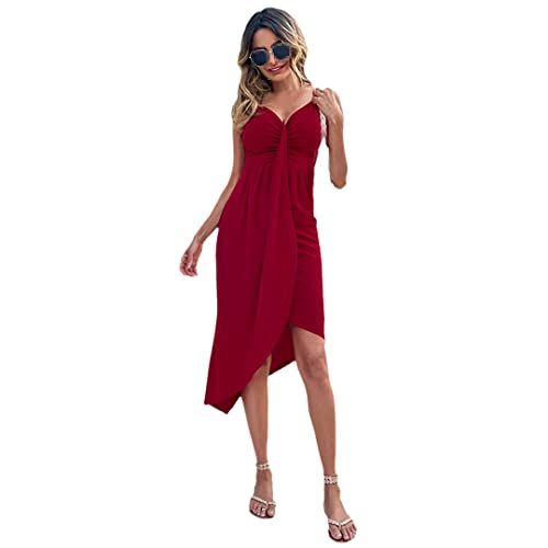 Robe asymétrique col en V unie bordeaux L pour femme