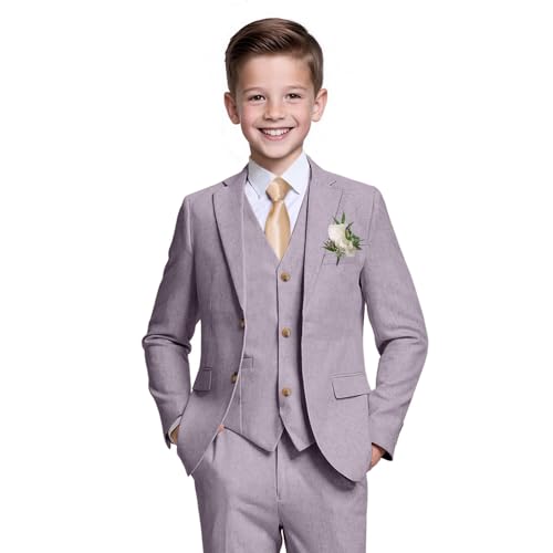 mengfeiyuaner Boys Linen Suit Casual Summer 3 Piece Slim Fit Suit Breathable Kids Teen boy Jacket Vest Pant Lavender Purple
