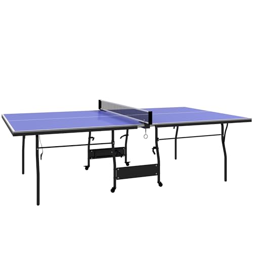 SPORTNOW Mesa de Ping-Pong Plegable Tamaño Estándar Mesa de Tenis Profesional con 4 Ruedas, Red, 2 Paletas y 3 Pelotas para Interior 274x152,5x76 cm Azul