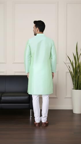 Image of Sadree Men's Silk Blend Mandrin Collor Full Sleeve Knee Length Indian Kurta Chudidar Pyjama Set