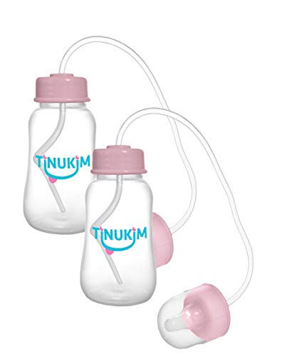 Tinukim iFeed 4 Ounce Self Feeding Baby Bottle with Tube - Handless Anti-Colic Nursing System, Pink - 2-Pack