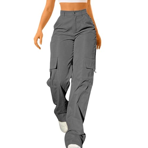 Pantalones de mujer ligeros de gran cintura alta Y2k Yoga Otoño con bolsillos Boyfriend Cargo Ligero Trabajo Pantalones Elásticos Baggy Deporte Transpirable Senderismo Casual Algodón Pants, gris