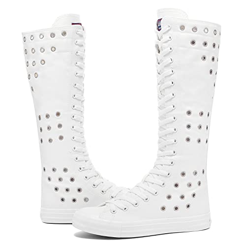 Momuk Girls Women Stylish Canvas Knee High Boots Causal Sneakers School Shoes Size 9 B(M) US White3