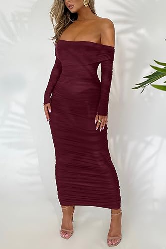 PRETTYGARDEN Women's Fall Off The Shoulder Maxi Dress Spring Long Sleeve Ruched Fitted Bodycon Club Dresses with Slit