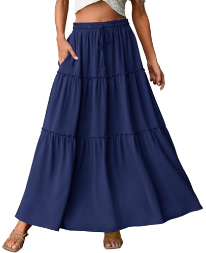 Genfien Falda Larga para Mujer Cintura Alta Elegante Maxifalda con Bolsillos Línea A Falda Elástica Plisada Básica de Verano para Vacaciones Playa
