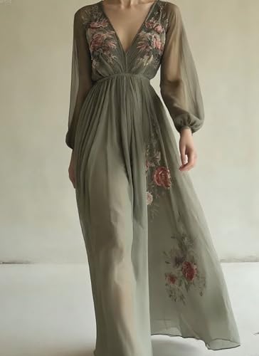 Womens Green Tulle Floral Beach Cover Up Sundresses with Belt Long Sleeves V Neck Summer Ruffle Tiered Dresses2