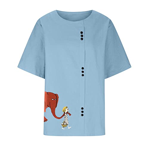 Lastesso Plus Size Button Shirts Women Summer Casual Loose Fit Cotton Linen Blouses Vintage O-Neck Short Sleeve Printed Tops #TOP3