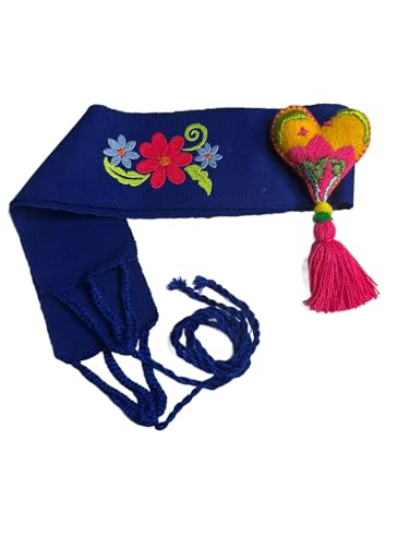 Handmade Mexican Belt with Embroidered Butterflies, blue with yellow Heart Tassel and side embroidery, Traditional Design2