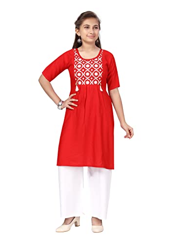 Image of muhuratam Girls MUHURATAM Girls Red-White Color Kurti Palazzo Set