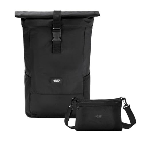 LARKSON Faltbarer Rucksack Leicht Schwarz - Arne - Packable Backpack für Wandern, Reisen, Strand - Rolltop Tagesrucksack Ultraleicht - 15 Liter - Faltbar in Kleine Crossbody Bag